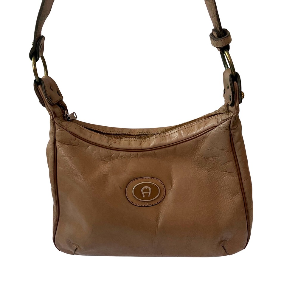 VTG Etienne Aigner Tan Leather Shoulder Bag  Hobo Horseshoe Logo Brass Trim